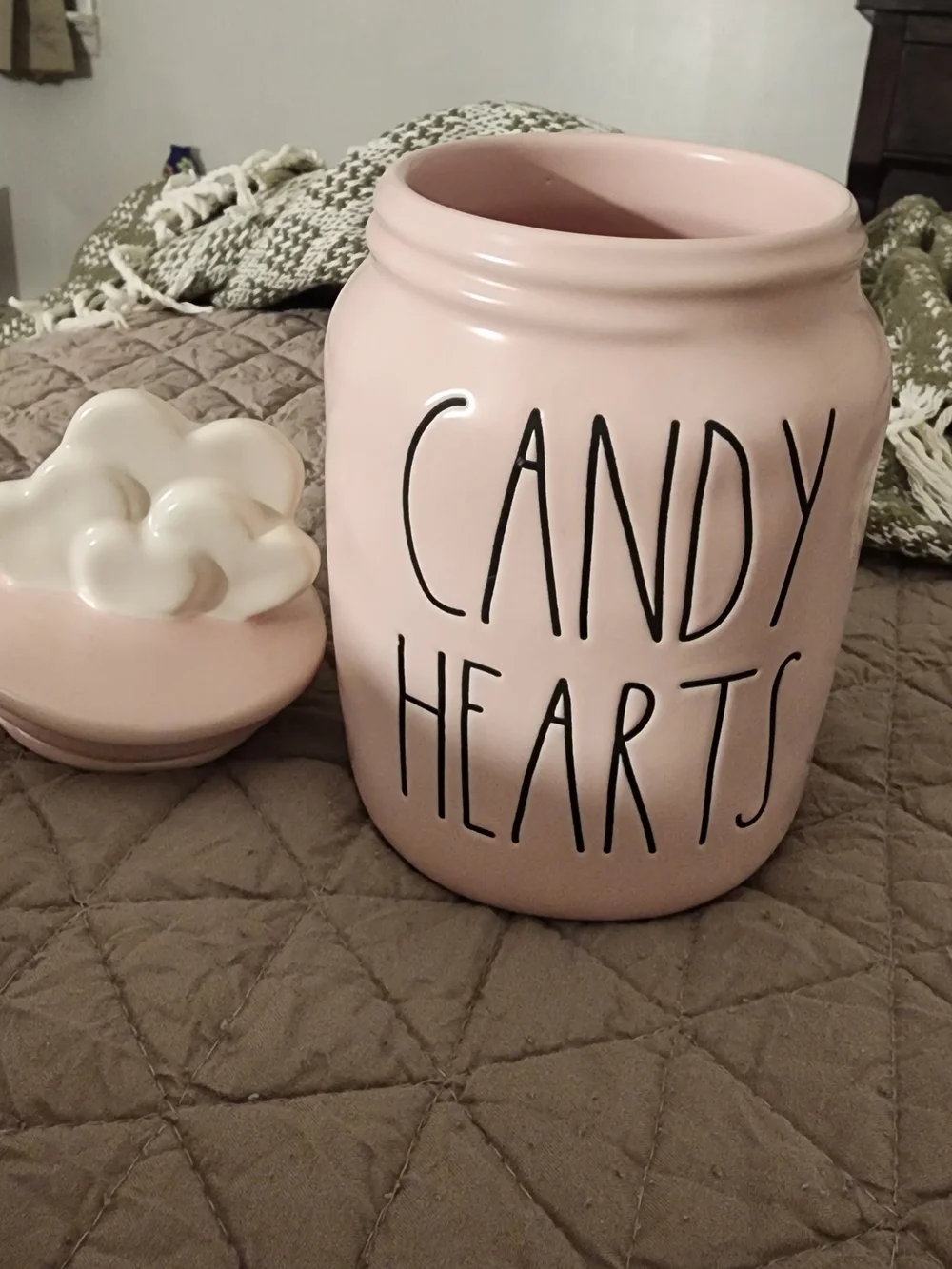 Rae Dunn Pink Candy Hearts Ceramic Jar with White Heart Lid